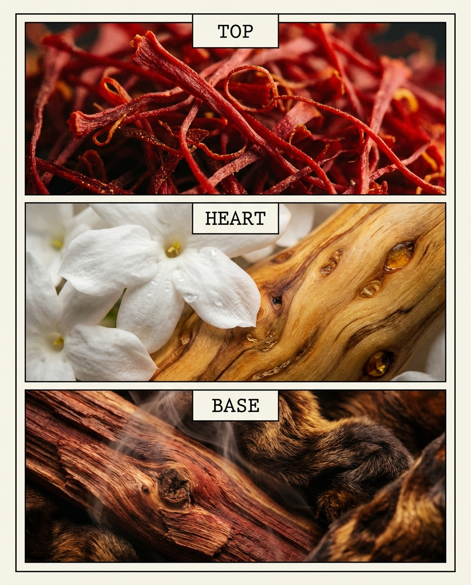 Three sections labeled 'Top', 'Heart', and 'Base' with red strands, white flowers, and wooden textures.