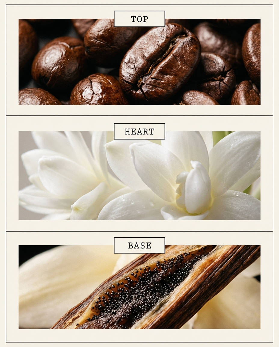 Three sections labeled 'Top', 'Heart', and 'Base' with coffee beans, white flowers, and a vanilla pod.