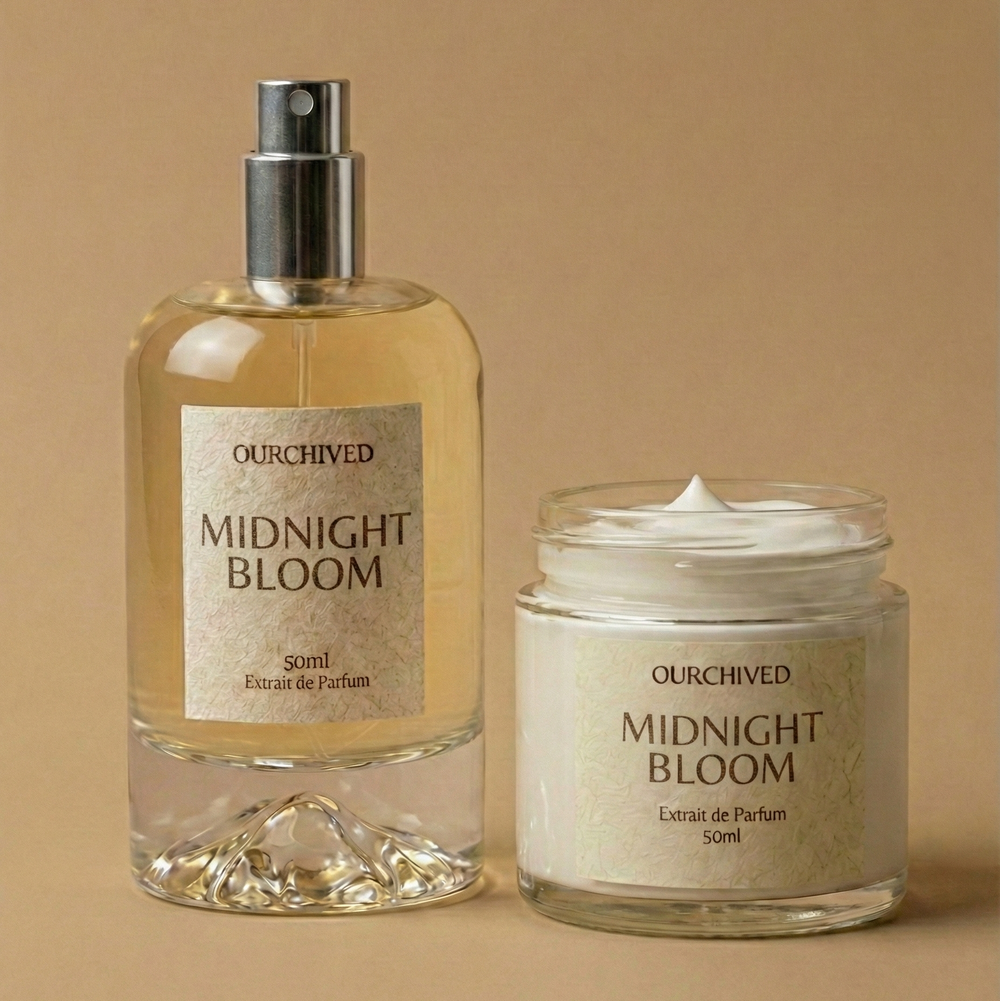 Bottle and jar of 'Midnight Bloom' perfume and cologne on a beige background
