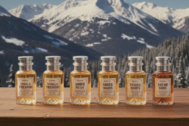 Set of perfume bottles on a wooden table with a mountainous background, and a car with perfume bottles on a snowy landscape.