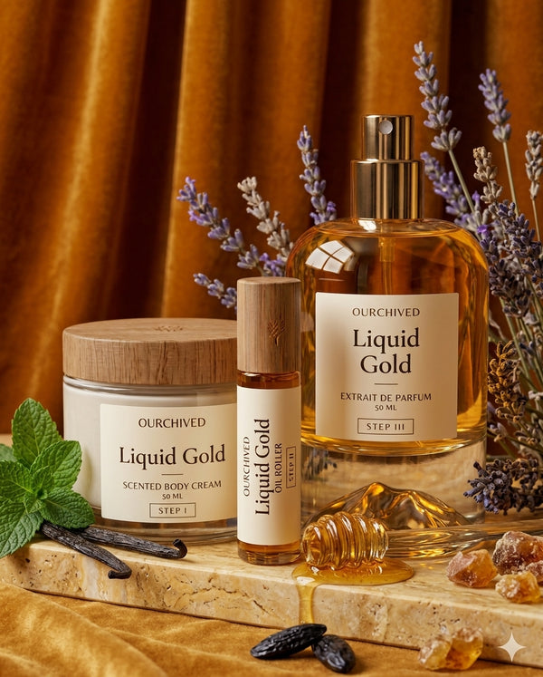 Liquid Gold three-piece fragrance layering set - body cream, oil roller, and parfum
