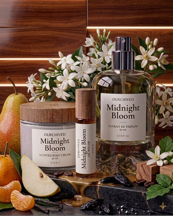 Midnight Bloom three-piece fragrance layering set - body cream, oil roller, and parfum