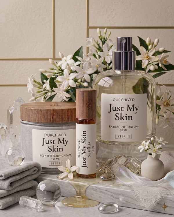 Just My Skin three-piece fragrance layering set - body cream, oil roller, and parfum