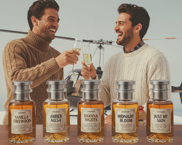 Two men toasting with glasses behind a row of scented candles on a wooden surface.