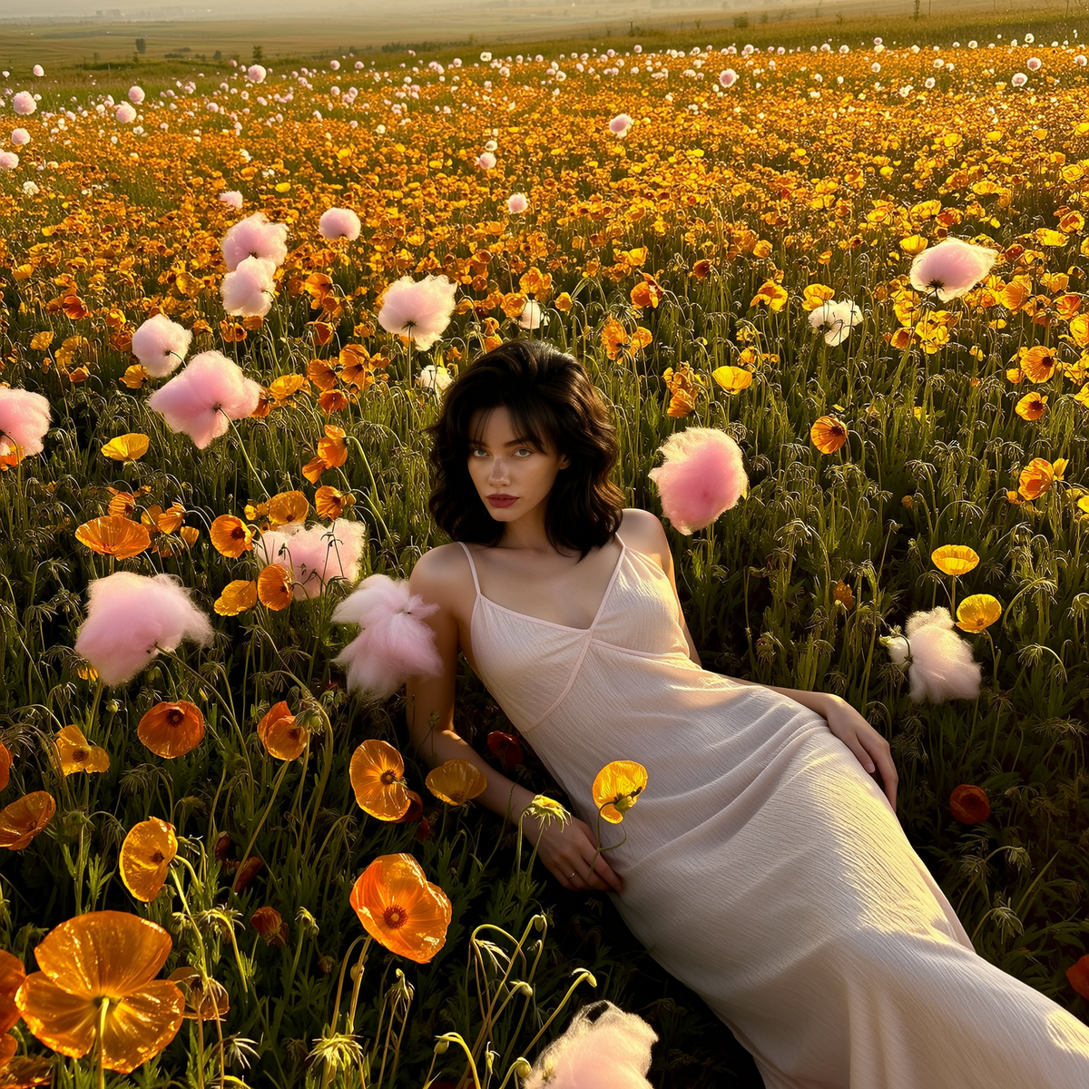 Woman in a white dress standing in a field of flowers with a sunset in the background